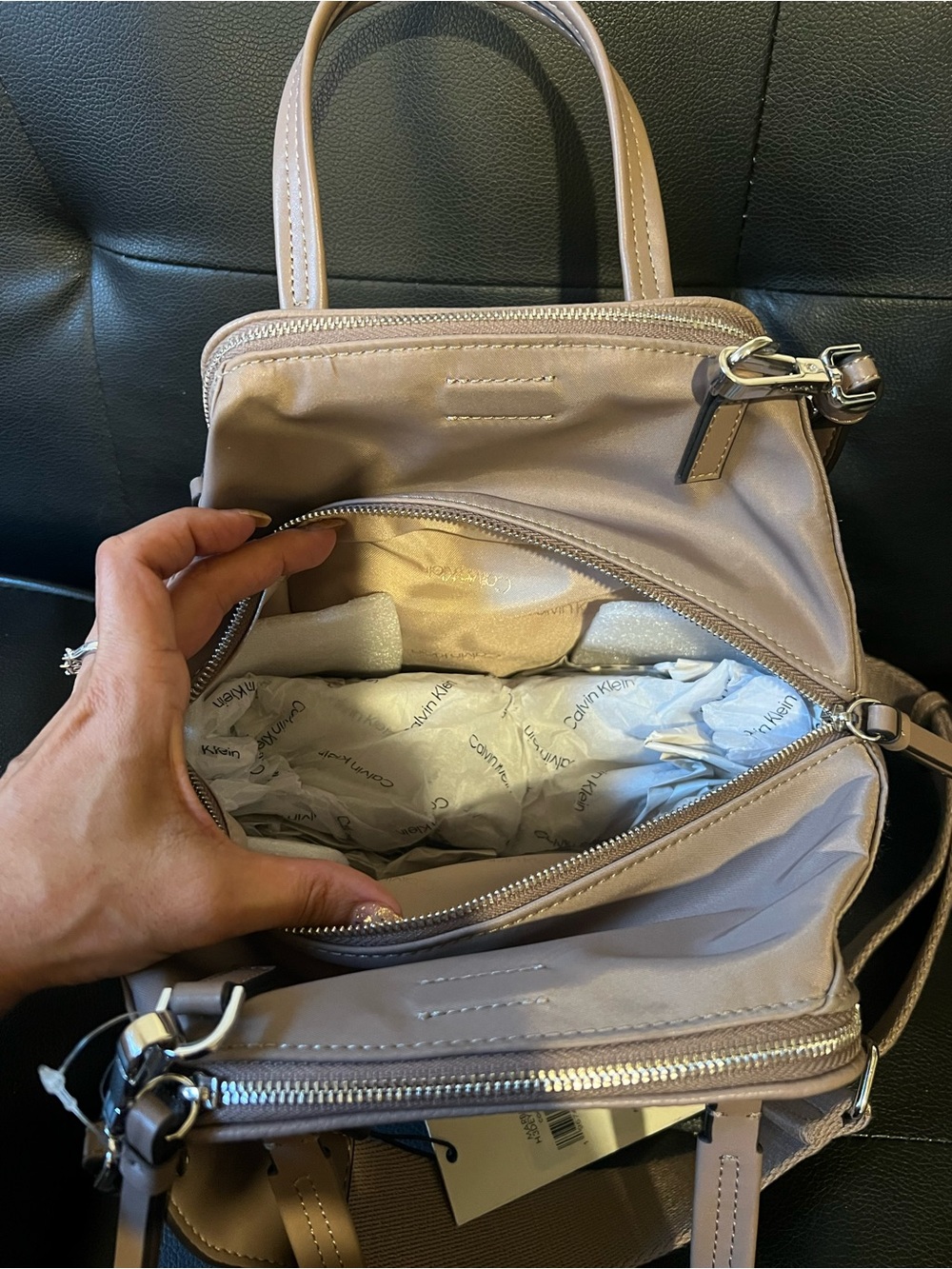 Calvin Klein Taupe Pebbled Leather Satchel with Strap - Picture 5 of 5